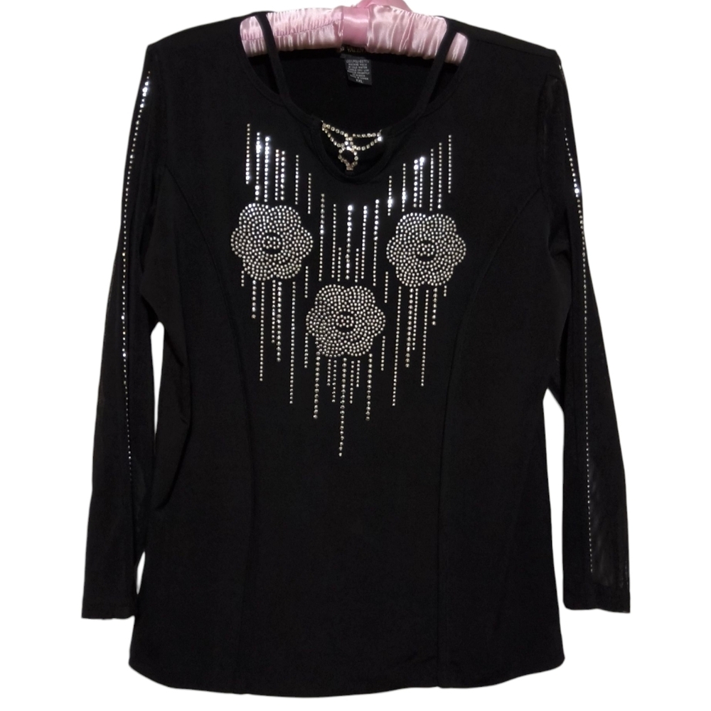 Valentina Black Rhinestone Embellished Bodycon Sheer Long Sleeve Top Size XXL